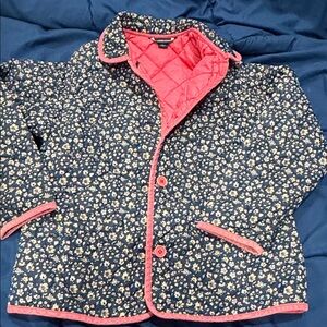 Lands' End Floral Kids Thin Puffer Jacket - Navy and Pink floral
